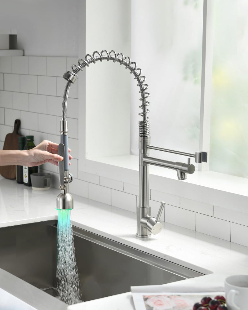 Fapully Commercial Single Handle Pull Down Sprayer Brushed Nickel Kitchen Faucet, Kitchen Sink Faucet with LED Light - Image 2